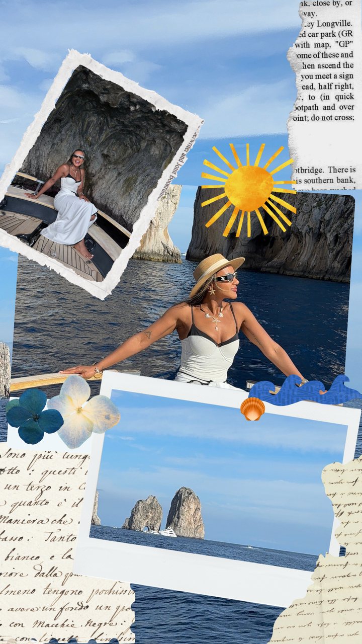 Capa em collage com polaroids e papel rasgado em Capri